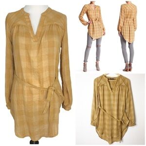 BLU PEPPER Plaid Yellow Mustard Tie Waist Tunic Top Blouse Size Small S